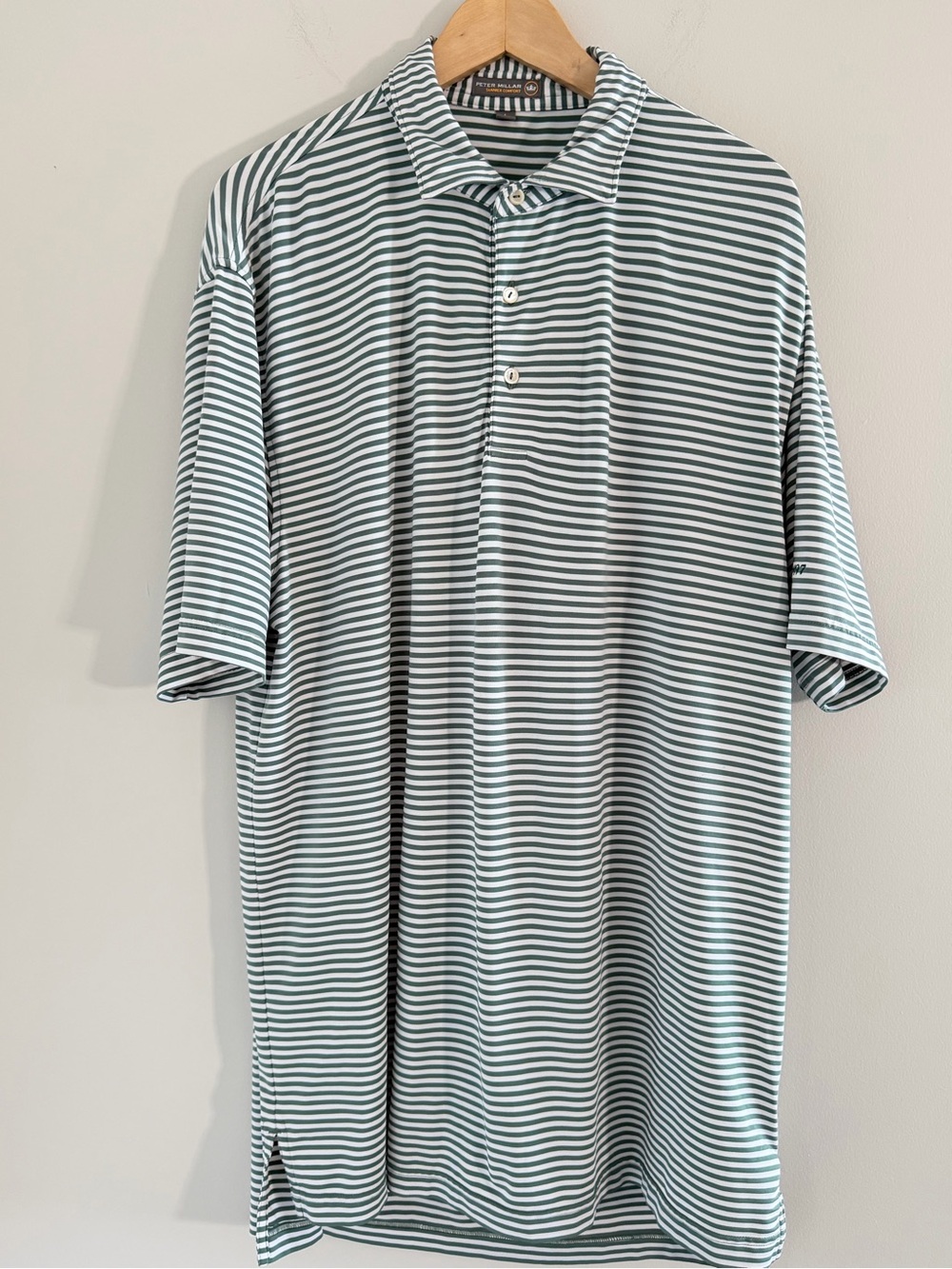 Peter Millar Polo Shirt Mens L Green White Stripes Golf Performance Casual